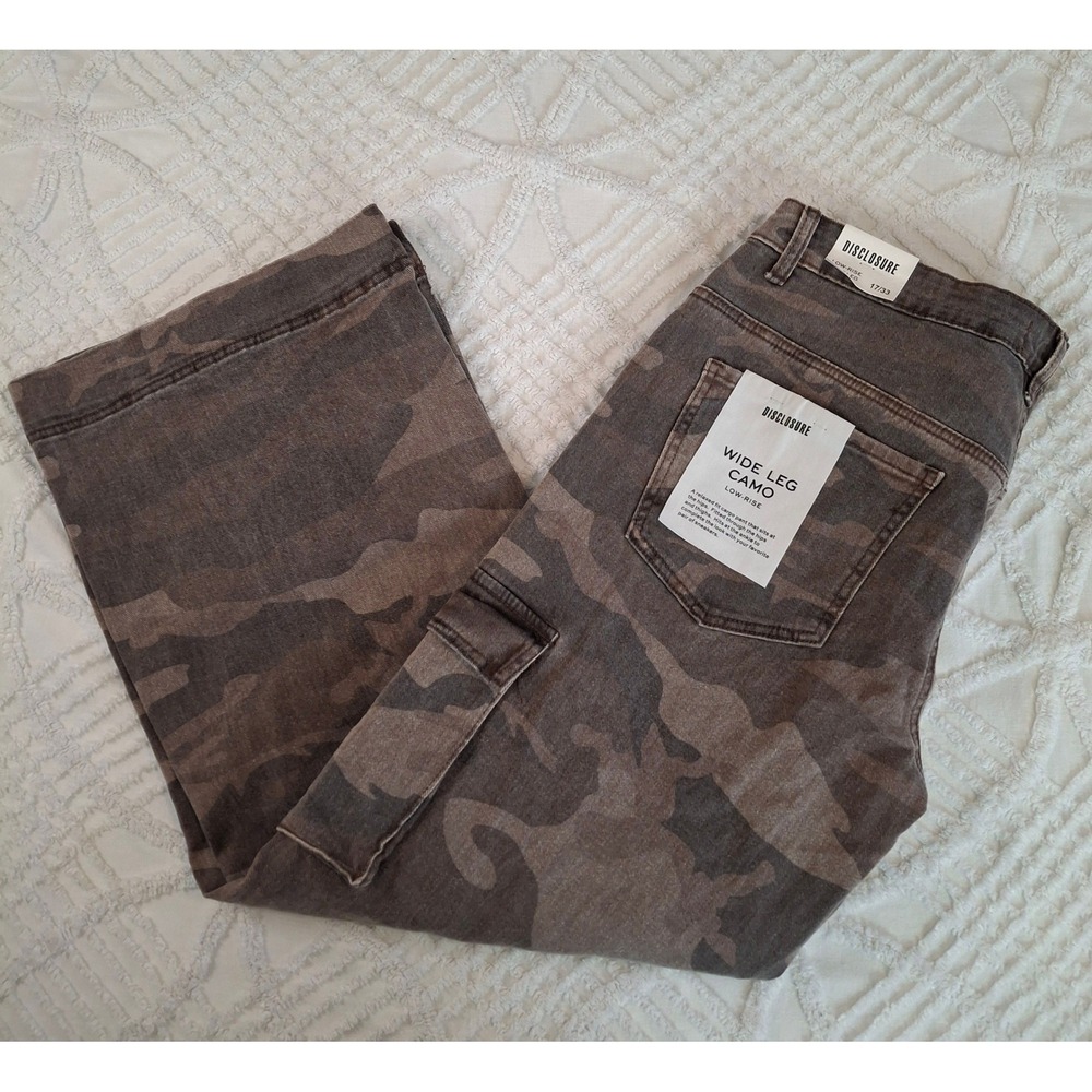 Disclosure Womens 17/33 Wide Leg Camo Cargo Pants Low Rise Utility Denim NWT